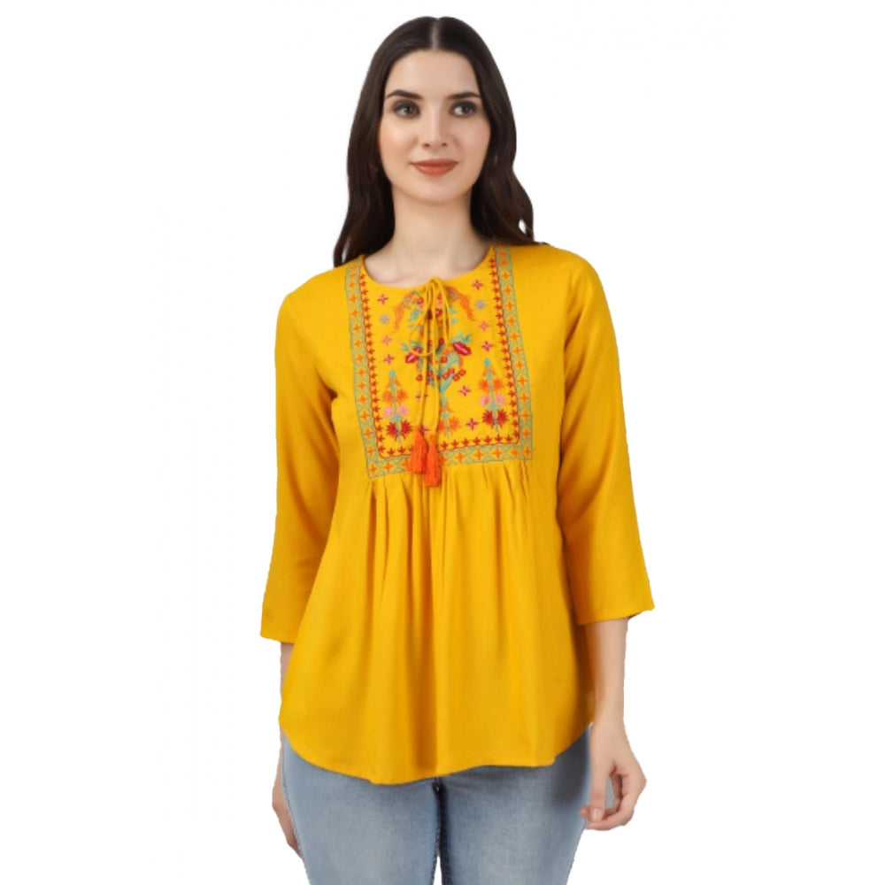 Embroidered Short Length Rayon Tunic Top (Yellow)