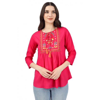 Embroidered Short Length Rayon Tunic Top (Pink)