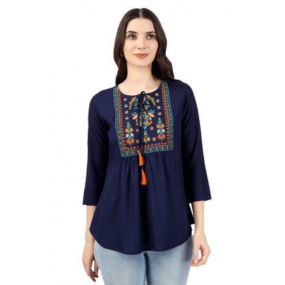 Embroidered Short Length Rayon Tunic Top (Blue)