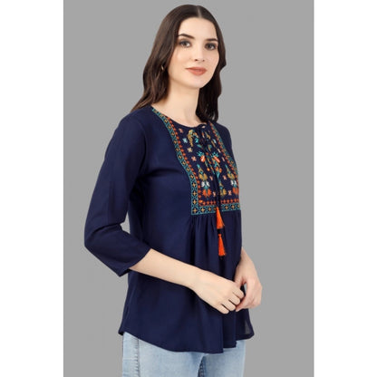 Embroidered Short Length Rayon Tunic Top (Blue)