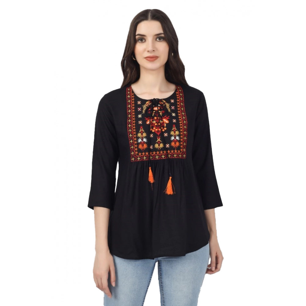 Embroidered Short Length Rayon Tunic Top (Black)