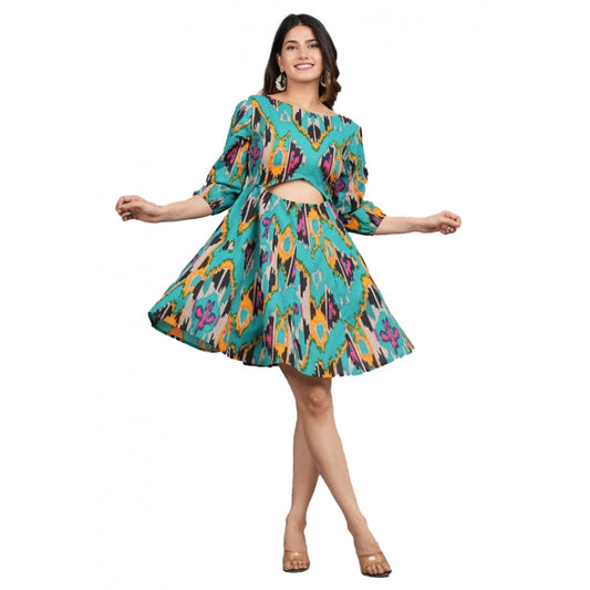 Printed Above Knee Cotton Dresses (Green)