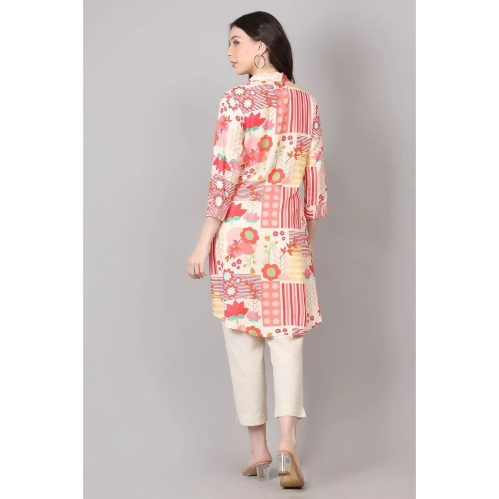 Casual 3/4 Sleeve Viscose Rayon Printed Kurti (Pink)