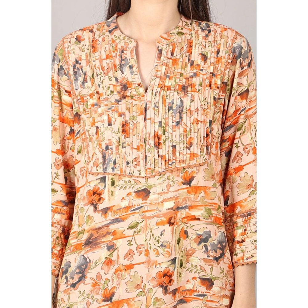 Casual 3/4 Sleeve Viscose Rayon Printed Kurti (Orange)