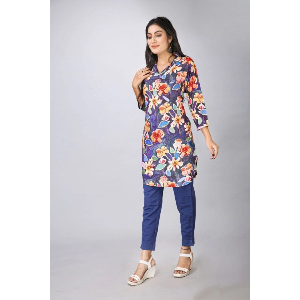 Casual 3/4 Sleeve Viscose Rayon Printed Kurti (Blue)