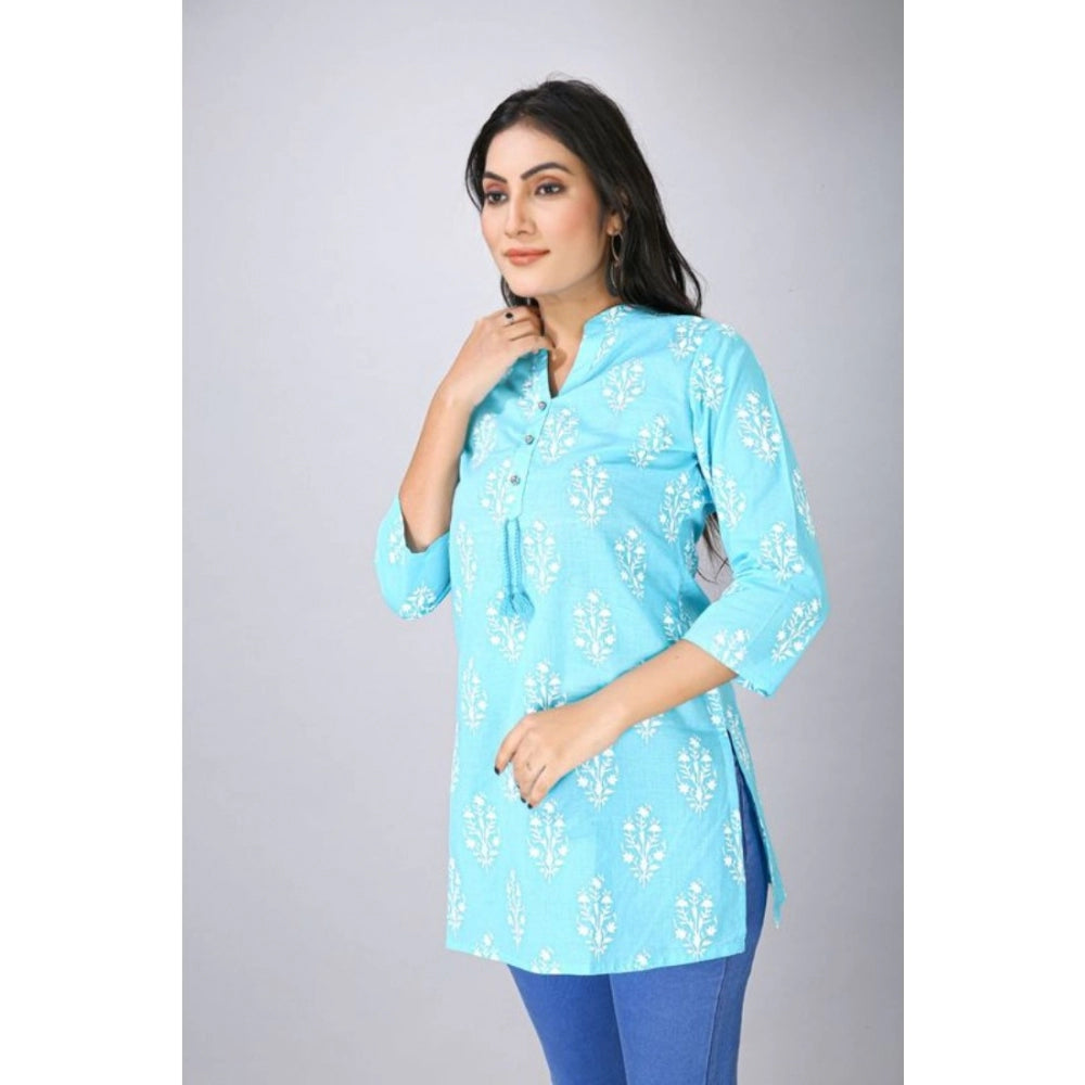 Casual 3/4 Sleeve Cotton Blend Printed Kurti (Light Blue)