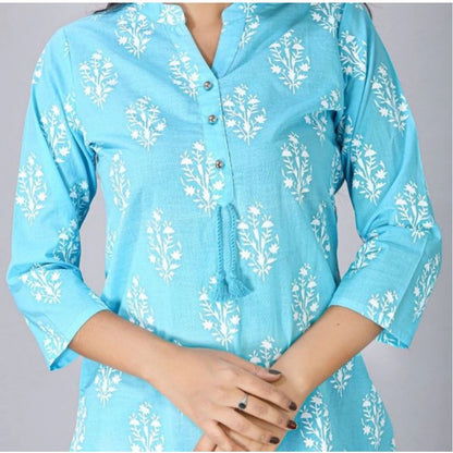 Casual 3/4 Sleeve Cotton Blend Printed Kurti (Light Blue)