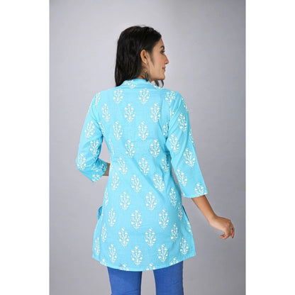 Casual 3/4 Sleeve Cotton Blend Printed Kurti (Light Blue)