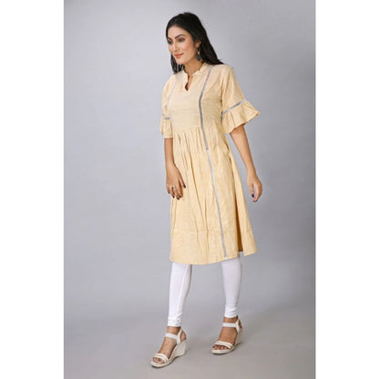 Casual Short Sleeve Silk Blend Printed Kurti (Beige)