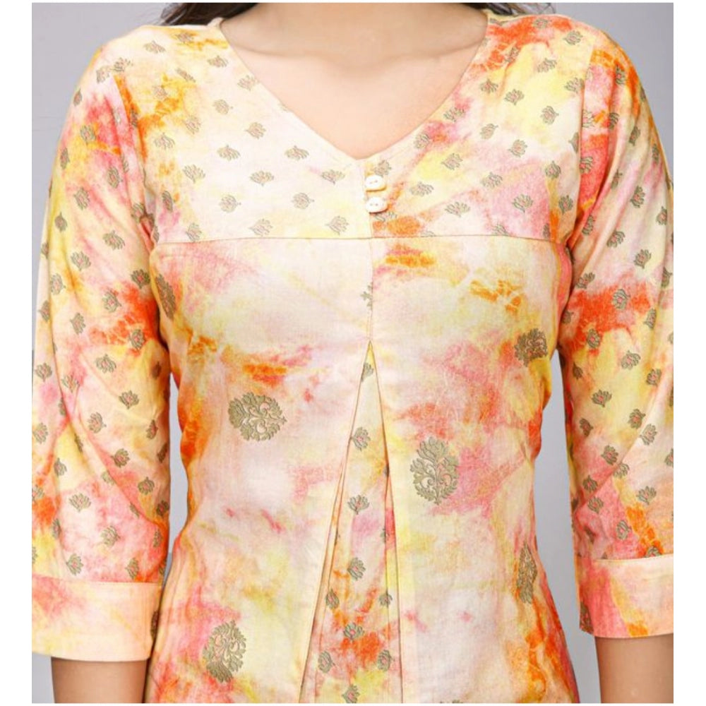 Casual 3/4 Sleeve Viscose Rayon Printed Kurti (Orange)