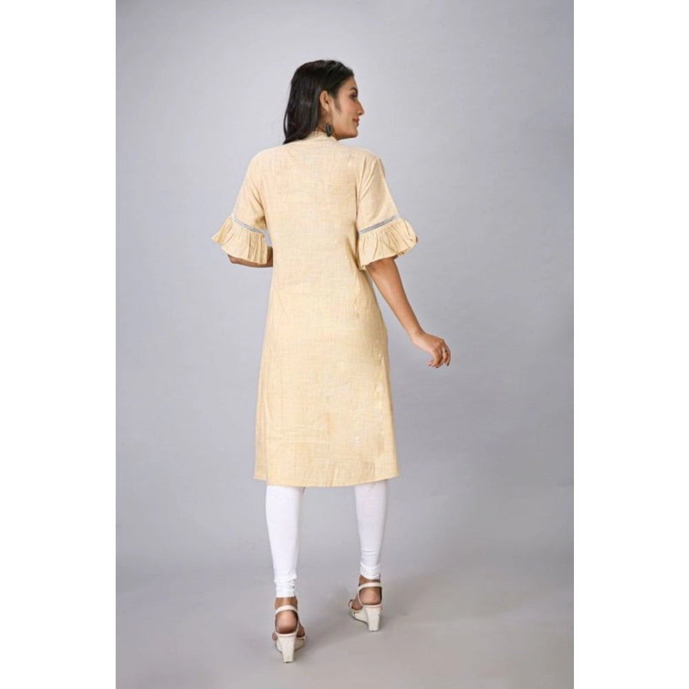 Casual Short Sleeve Silk Blend Printed Kurti (Beige)