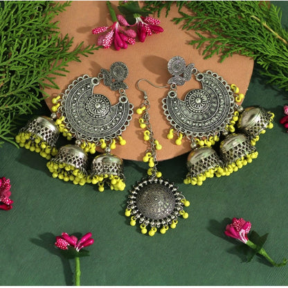 Haldi Sangeet Yellow Color Oxidised Earrings Tikka Set