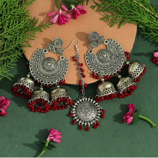 Maroon Color Oxidised Earrings Tikka Set