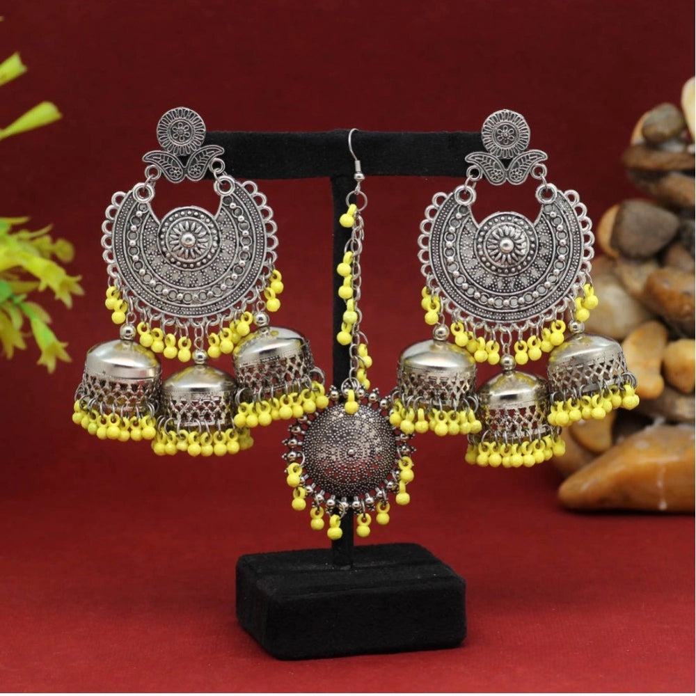 Haldi Sangeet Yellow Color Oxidised Earrings Tikka Set