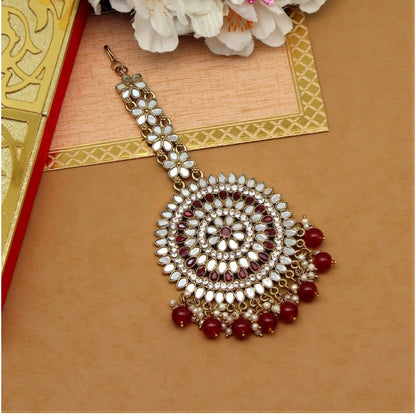 Maroon Color Mirror Work Maang Tikka