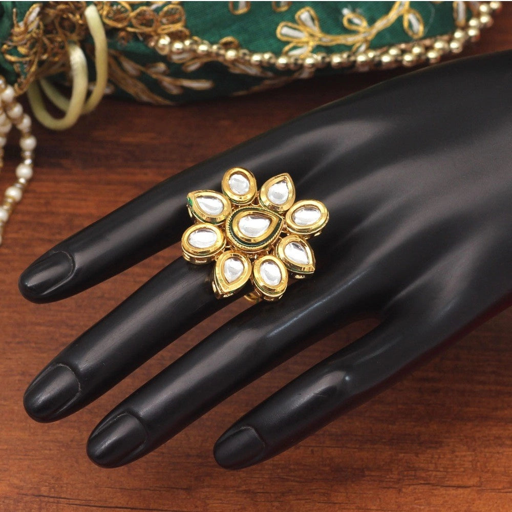 White Color Kundan Meenakari Finger Ring For Women Adjustable Ring