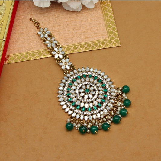 Green Color Mirror Work Maang Tikka