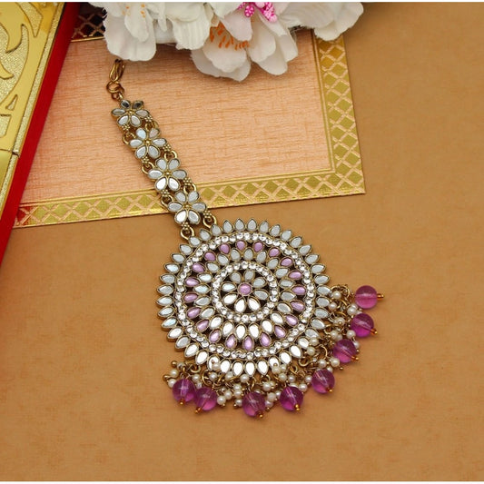 Purple Color Mirror Work Maang Tikka