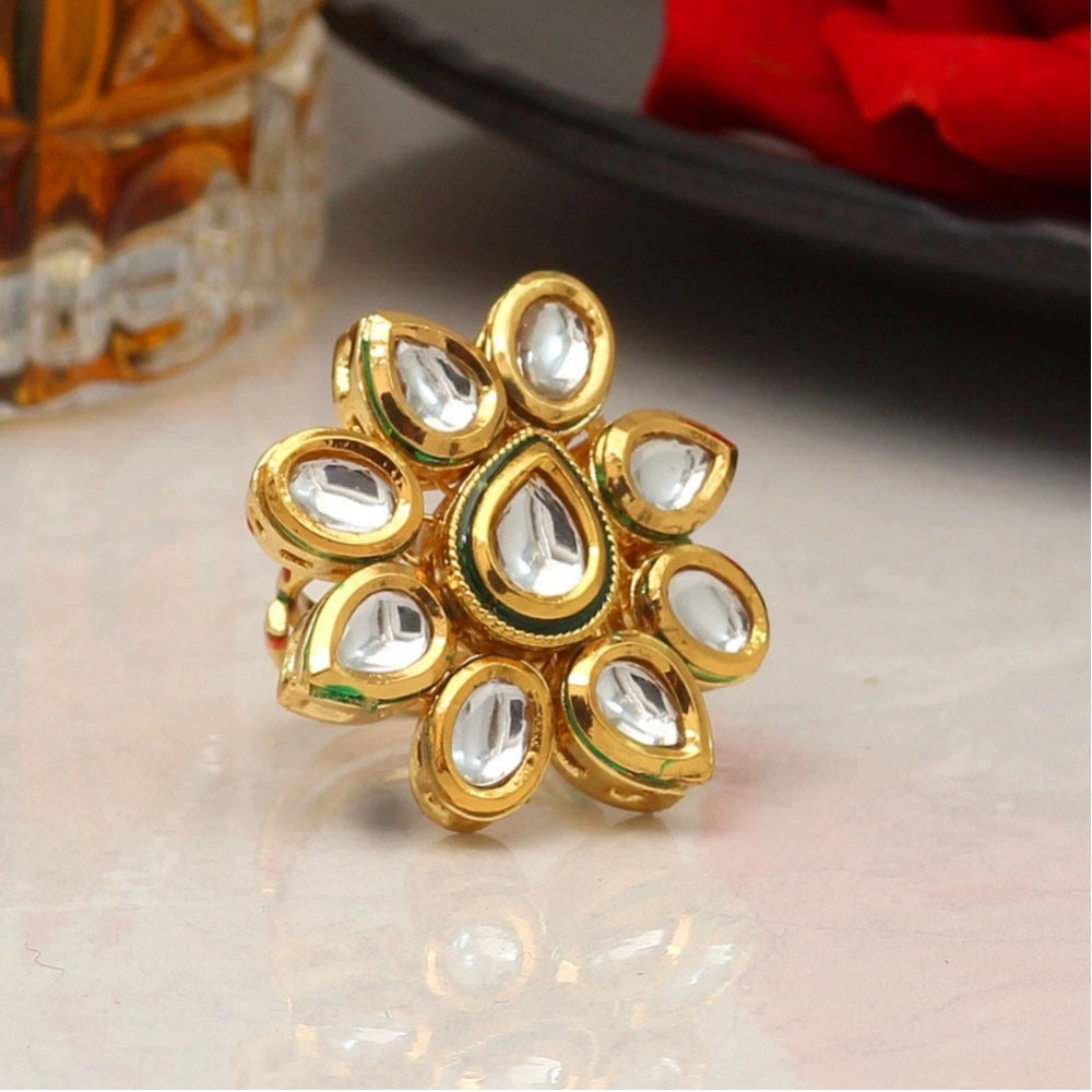 White Color Kundan Meenakari Finger Ring For Women Adjustable Ring