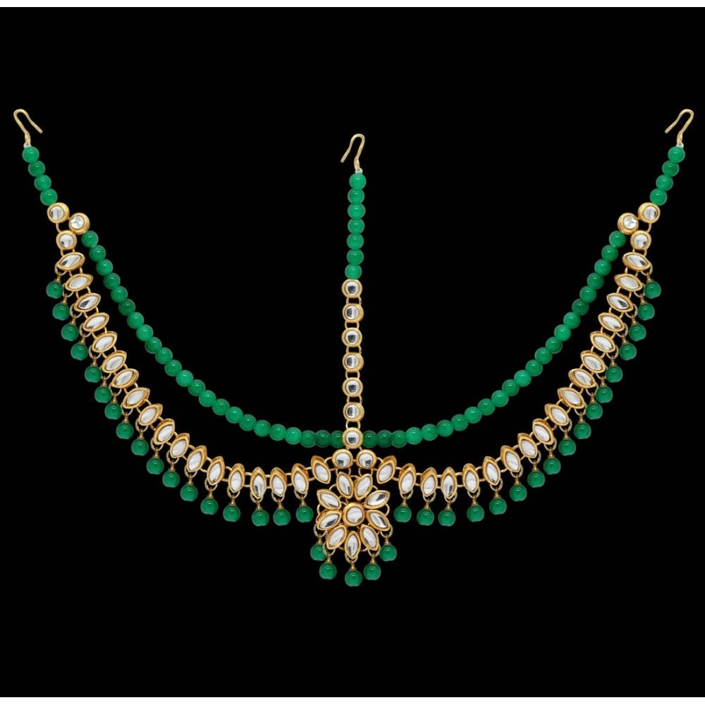 Green Color Imitation Pearl &amp; Kundan Work Matha Patti