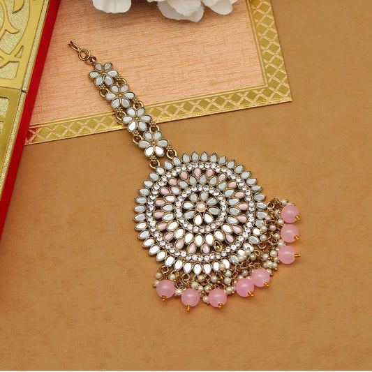 Pink Color Mirror Work Maang Tikka