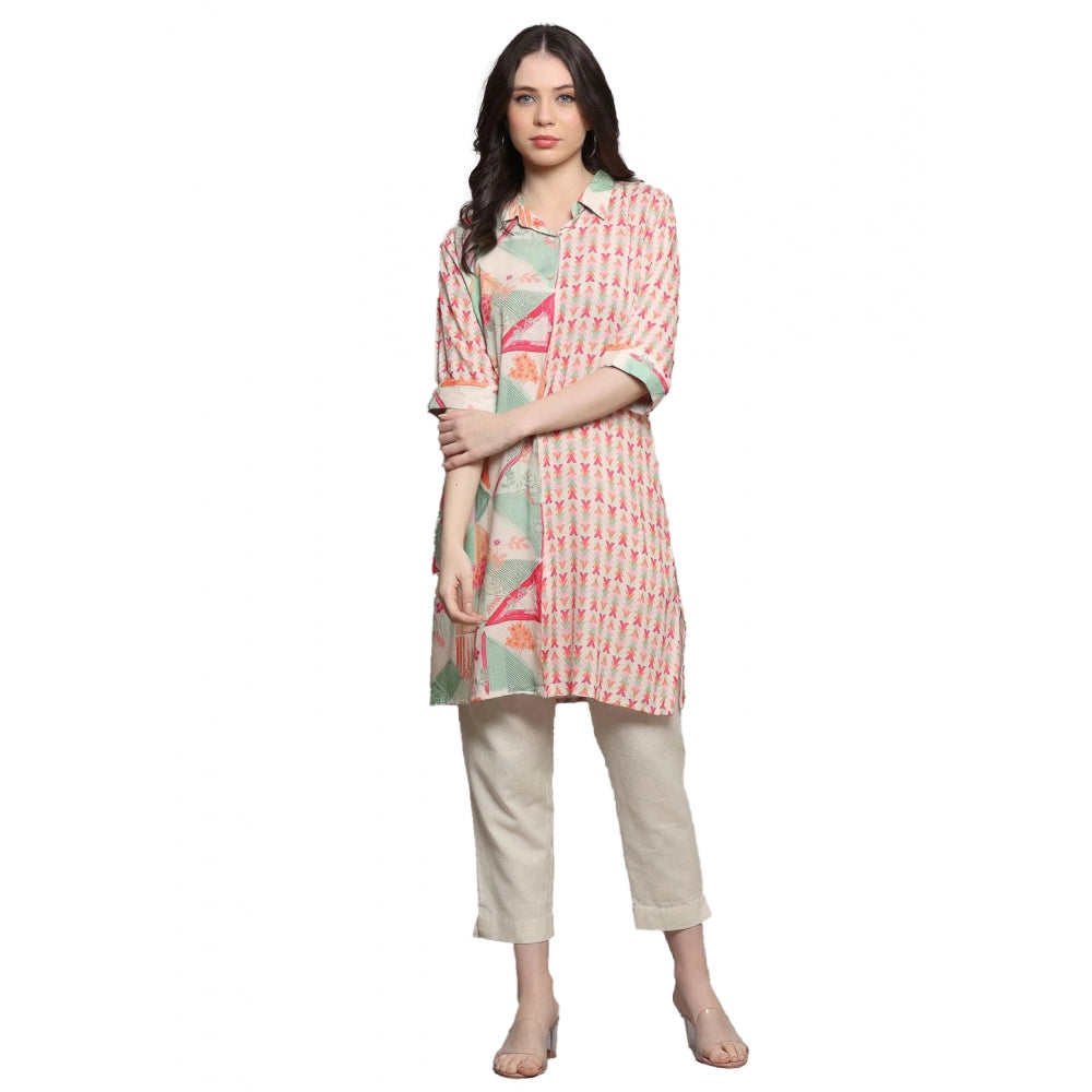 Casual 3/4 Sleeve Viscose Rayon Printed Kurti (Pink)