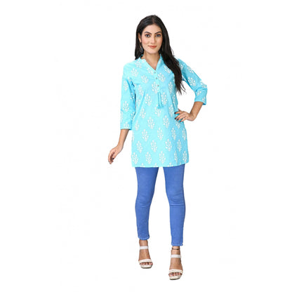 Casual 3/4 Sleeve Cotton Blend Printed Kurti (Light Blue)