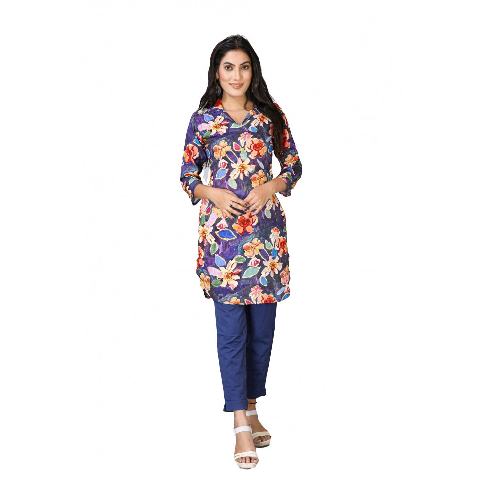 Casual 3/4 Sleeve Viscose Rayon Printed Kurti (Blue)