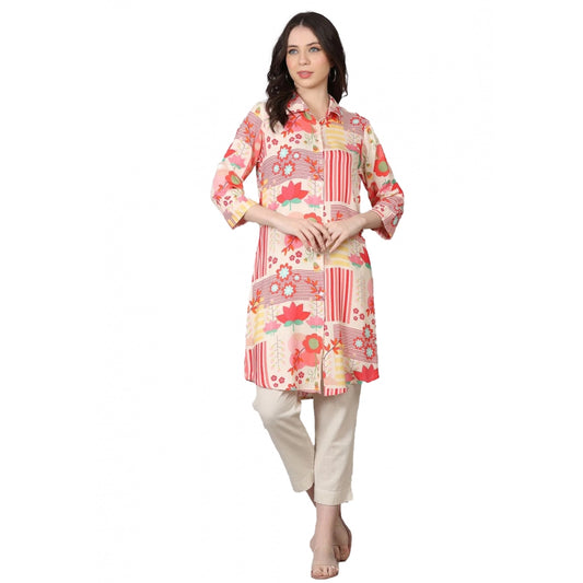 Casual 3/4 Sleeve Viscose Rayon Printed Kurti (Pink)