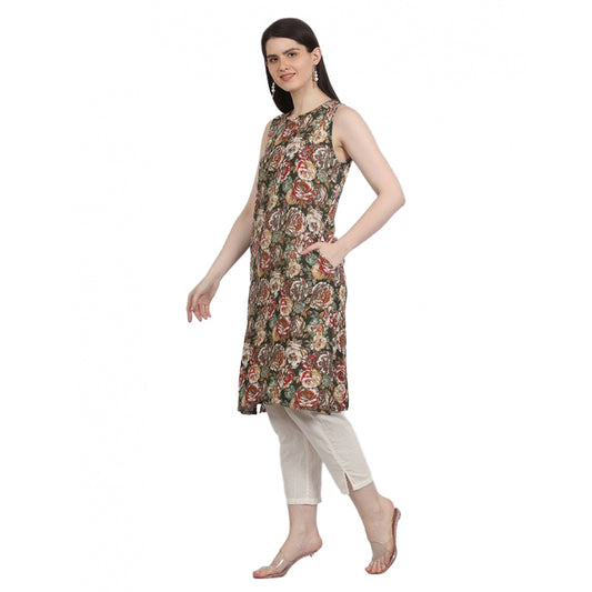 Casual Sleeveless Viscose Rayon Printed Kurti (Green)