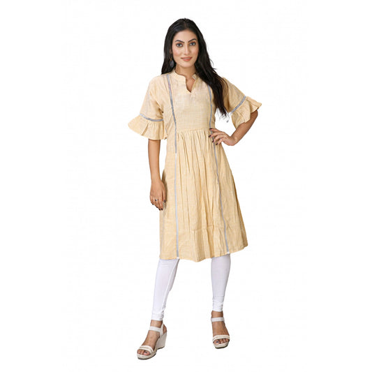 Casual Short Sleeve Silk Blend Printed Kurti (Beige)