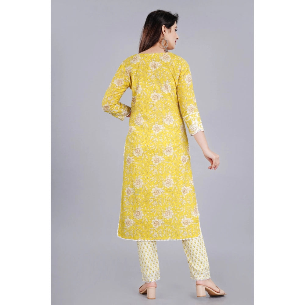 Casual 3/4 Sleeve Embroidered Rayon Kurti With Pant And Dupatta Set (Yellow)