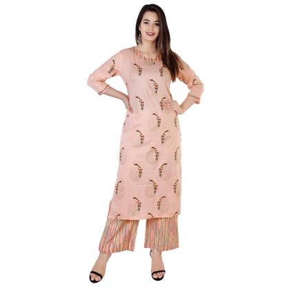 Casual 3/4 Sleeve Printed Rayon Kurti With Palazzo Set (Peach)