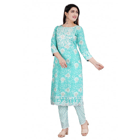 Casual 3/4 Sleeve Embroidered Rayon Kurti With Pant And Dupatta Set (Sea Green)