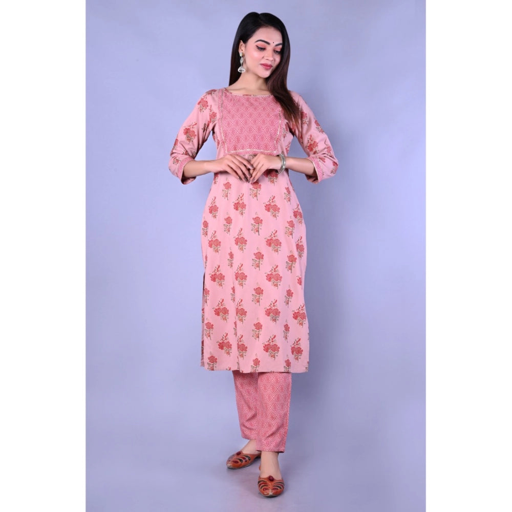 Casual 3/4 Sleeve Printed Rayon Kurti With Pant Set (Pink)