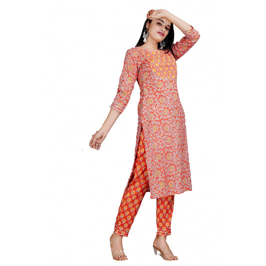 Casual 3/4 Sleeve Printed Rayon Kurti With Pant Set (Peach)