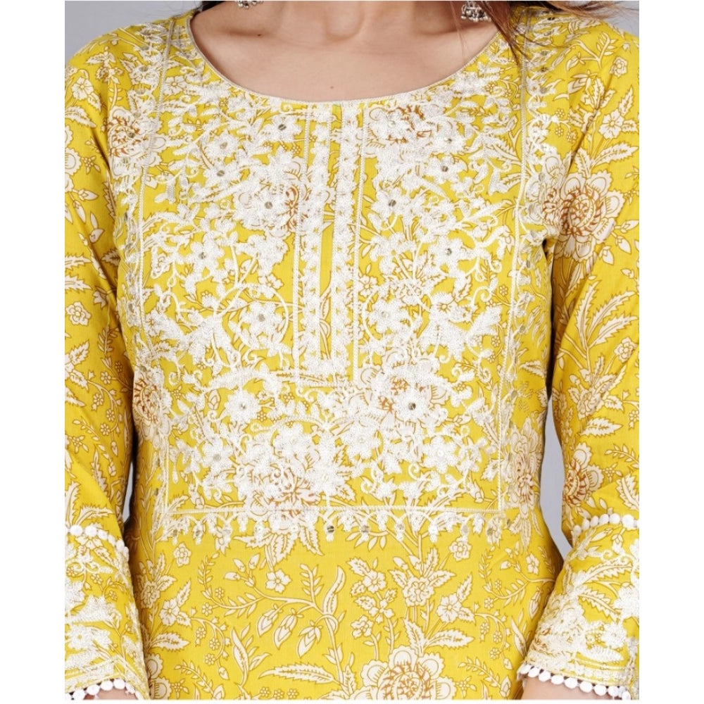 Casual 3/4 Sleeve Embroidered Rayon Kurti With Pant And Dupatta Set (Yellow)