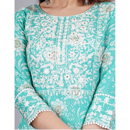 Casual 3/4 Sleeve Embroidered Rayon Kurti With Pant And Dupatta Set (Sea Green)