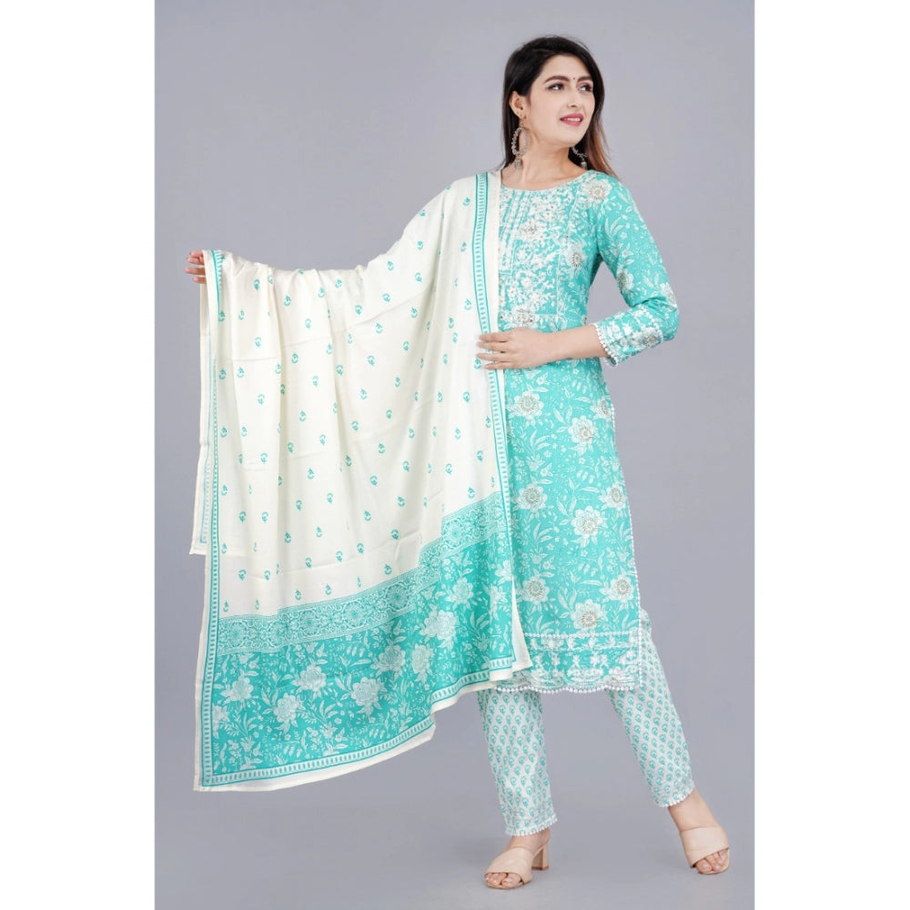 Casual 3/4 Sleeve Embroidered Rayon Kurti With Pant And Dupatta Set (Sea Green)