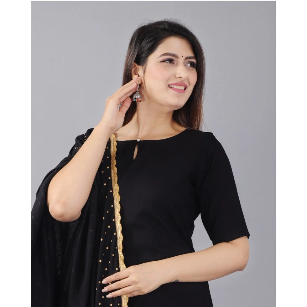 Casual Half Sleeve Solid Rayon Kurti With Pant And Dupatta Set (Black)