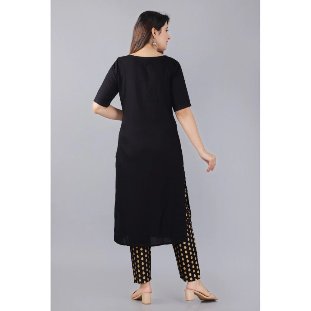 Casual Half Sleeve Solid Rayon Kurti With Pant And Dupatta Set (Black)