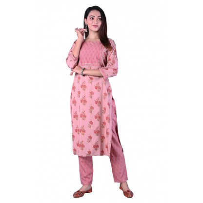 Casual 3/4 Sleeve Printed Rayon Kurti With Pant Set (Pink)