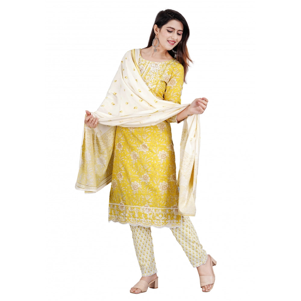 Casual 3/4 Sleeve Embroidered Rayon Kurti With Pant And Dupatta Set (Yellow)