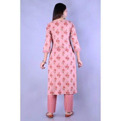 Casual 3/4 Sleeve Printed Rayon Kurti With Pant Set (Pink)