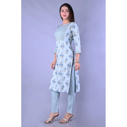 Casual 3/4 Sleeve Printed Rayon Kurti With Pant Set (Blue)