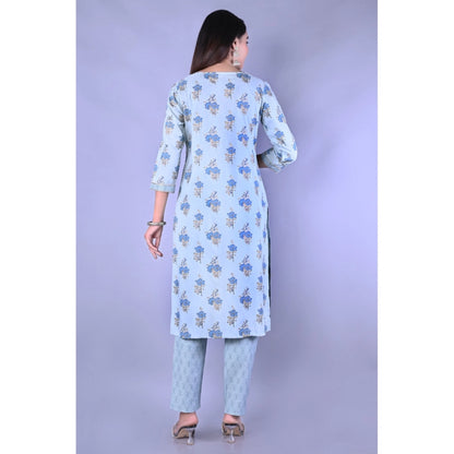 Casual 3/4 Sleeve Printed Rayon Kurti With Pant Set (Blue)