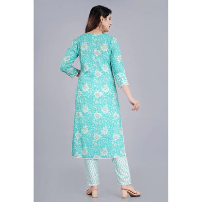 Casual 3/4 Sleeve Embroidered Rayon Kurti With Pant And Dupatta Set (Sea Green)