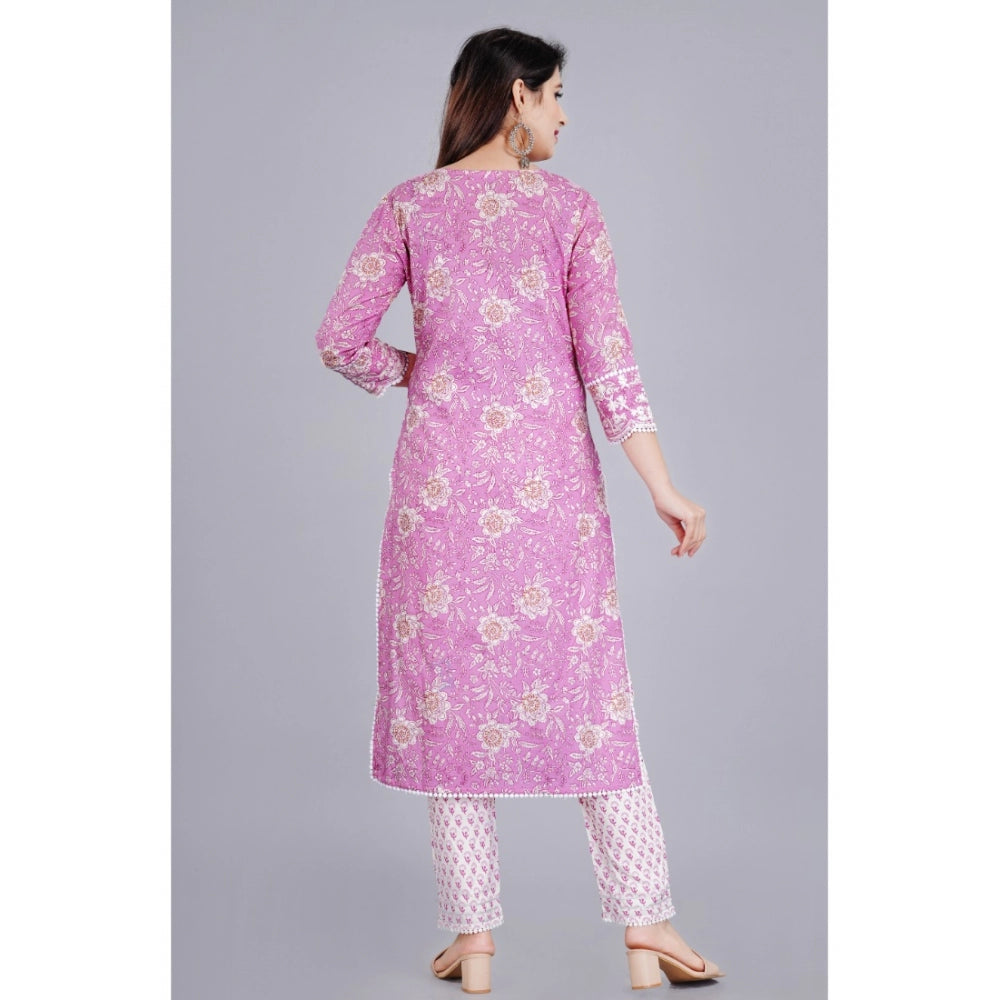 Casual 3/4 Sleeve Embroidered Rayon Kurti With Pant And Dupatta Set (Purple)