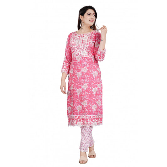 Casual 3/4 Sleeve Embroidered Rayon Kurti With Pant And Dupatta Set (Pink)