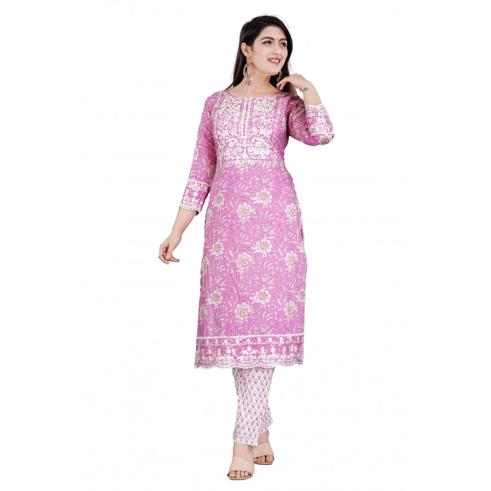 Casual 3/4 Sleeve Embroidered Rayon Kurti With Pant And Dupatta Set (Purple)